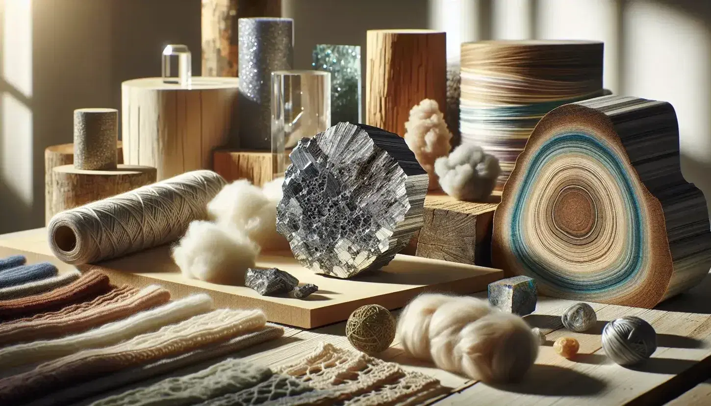 Materiali grezzi su tavolo di legno chiaro: minerale metallico, sezione di legno con anelli di crescita, plastica colorata, cotone, lana e seta.