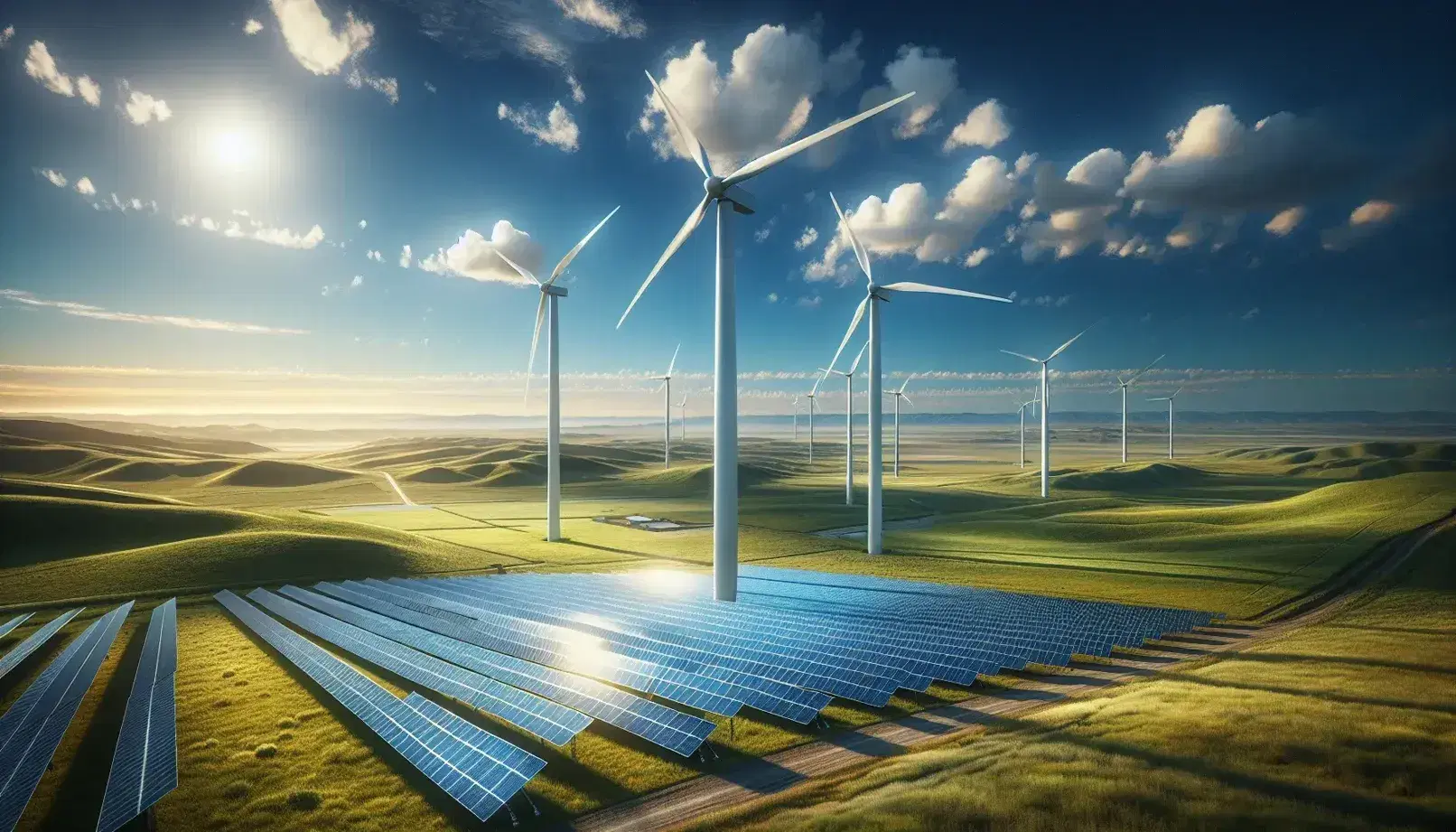 Paisaje natural con tres aerogeneradores de energía eólica y paneles solares fotovoltaicos bajo cielo azul con nubes dispersas.