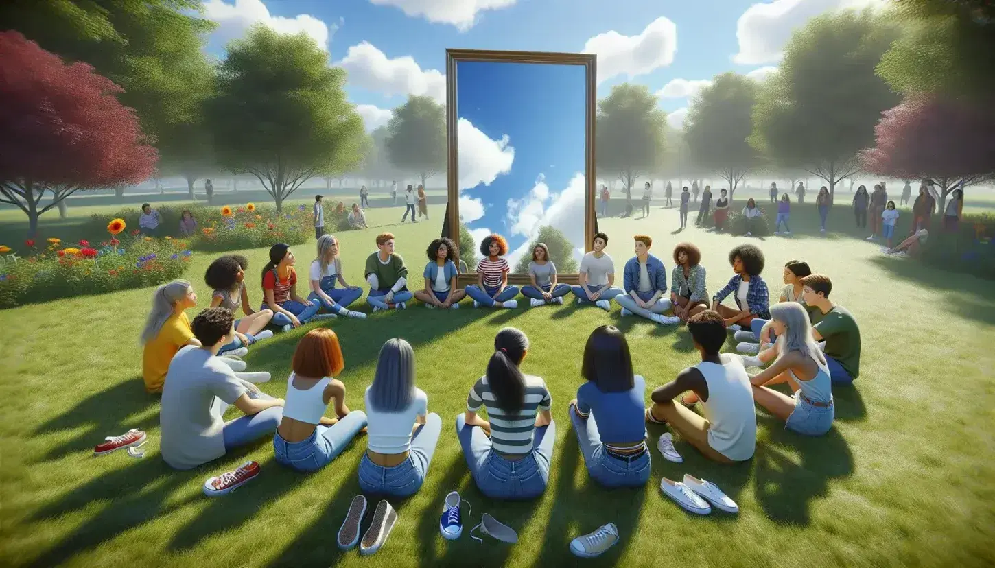 Grupo de adolescentes diversos sentados en círculo en un parque sobre césped verde, con un espejo grande reflejando el cielo azul, rodeados de árboles y flores en una tarde soleada.