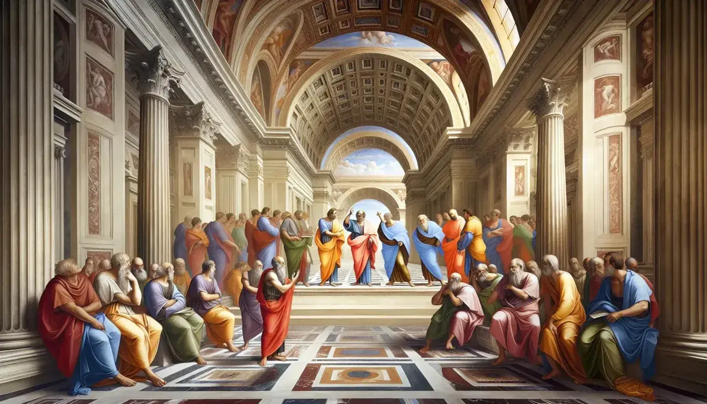 Affresco 'La Scuola di Atene' di Raffaello con Platone e Aristotele al centro, circondati da filosofi, in un ambiente classico.