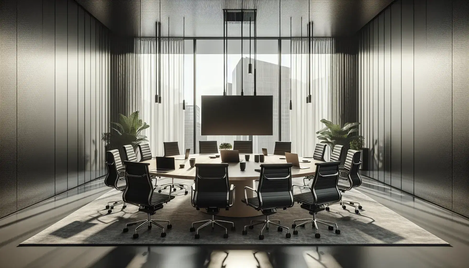 Modern corporate office with a large wooden conference table, black chairs, laptops, white mugs, and green plants, bathed in natural light from tall windows.