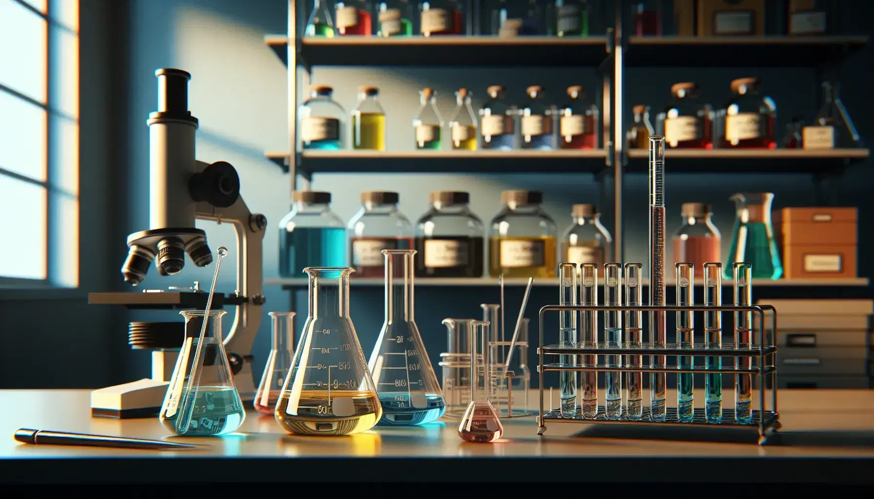 Laboratorio de química con matraces Erlenmeyer de líquidos coloridos, tubo de ensayo en soporte metálico, pipeta en vaso de precipitados y microscopio al fondo.