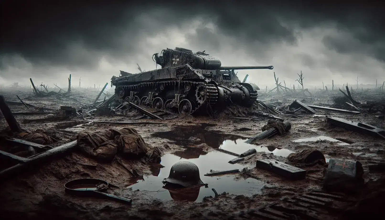 Campo di battaglia della Seconda Guerra Mondiale con carro armato distrutto, equipaggiamento militare sparpagliato e alberi danneggiati sotto un cielo nuvoloso.
