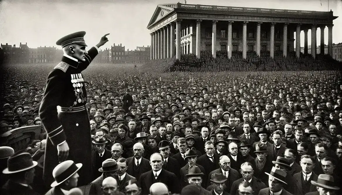 Black and white photo of a stern-faced man in military uniform with medals, raising his arm to address a large early 20th-century crowd in a square.