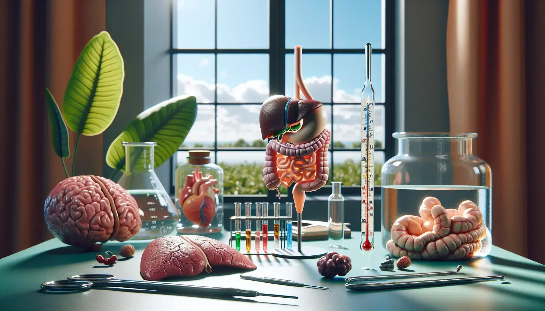 Modelo anatómico del sistema digestivo humano en un laboratorio con termómetro de mercurio, pinzas de acero y tubos de ensayo, junto a una ventana con cielo azul.