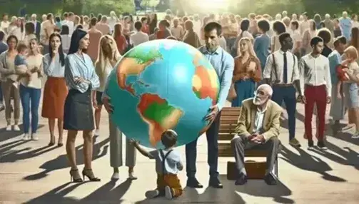 Grupo diverso de personas en un parque con un hombre sosteniendo un globo terráqueo inflable, rodeado de niños y adultos en un día soleado.