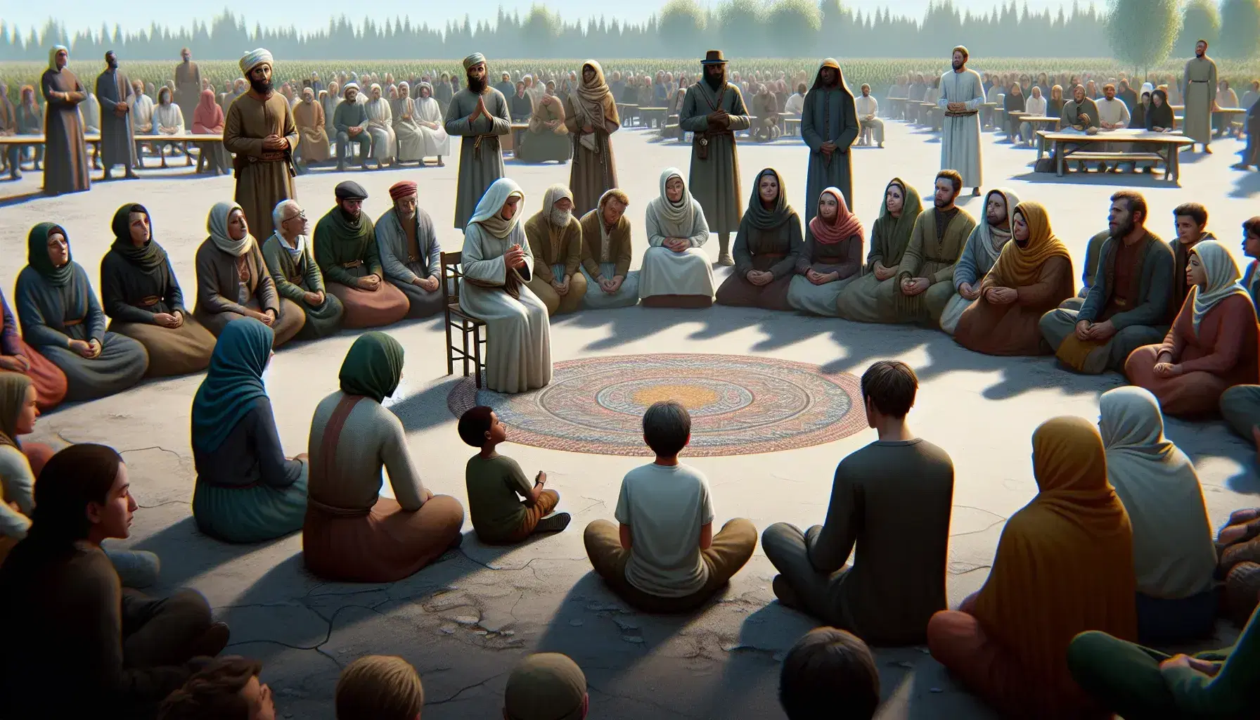Diverse group sitting in a semicircle outdoors during a community meeting, with a person praying and an attentive child.