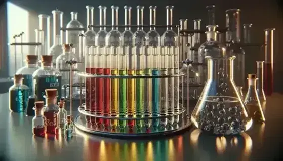 Tubos de ensayo con líquidos de colores rojo, amarillo, verde, azul y transparente en soporte metálico, con frascos de vidrio al fondo en un laboratorio.