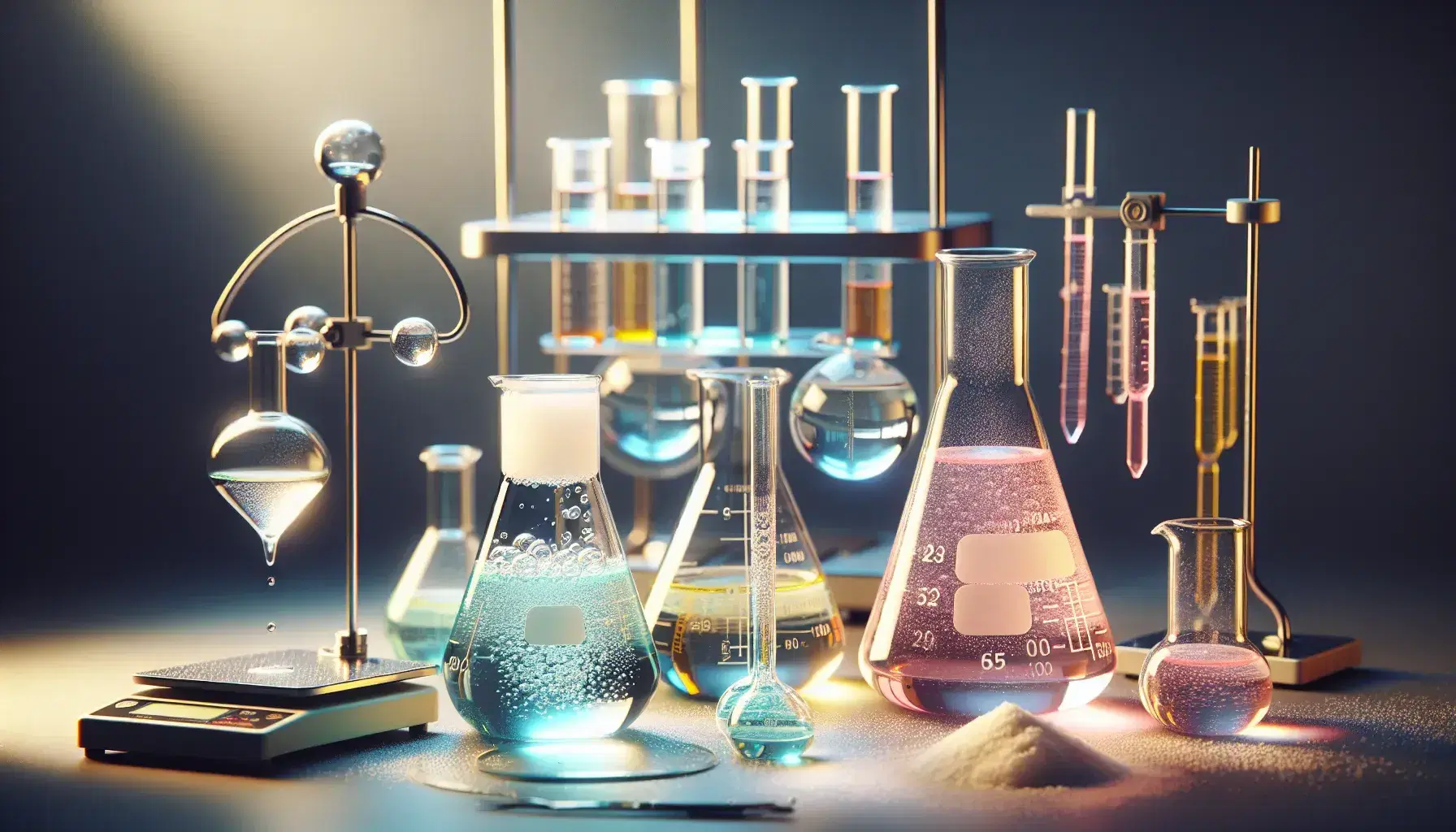 Frascos de laboratorio transparentes con líquidos de colores, destacando un matraz Erlenmeyer con líquido azul burbujeante y una bureta con gradiente rosa.