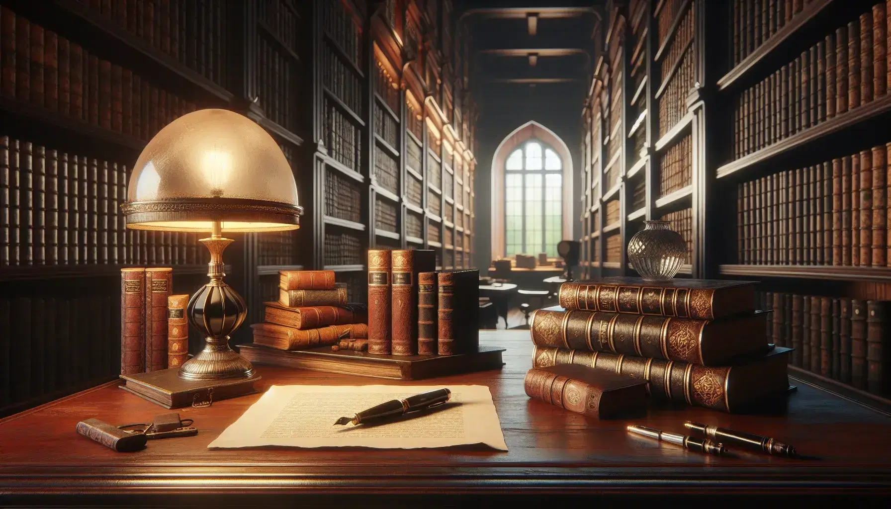 Biblioteca antica con scrivania in legno, libri aperti, penna stilografica e lampada, scaffali colmi di volumi e finestra con vista su giardino.