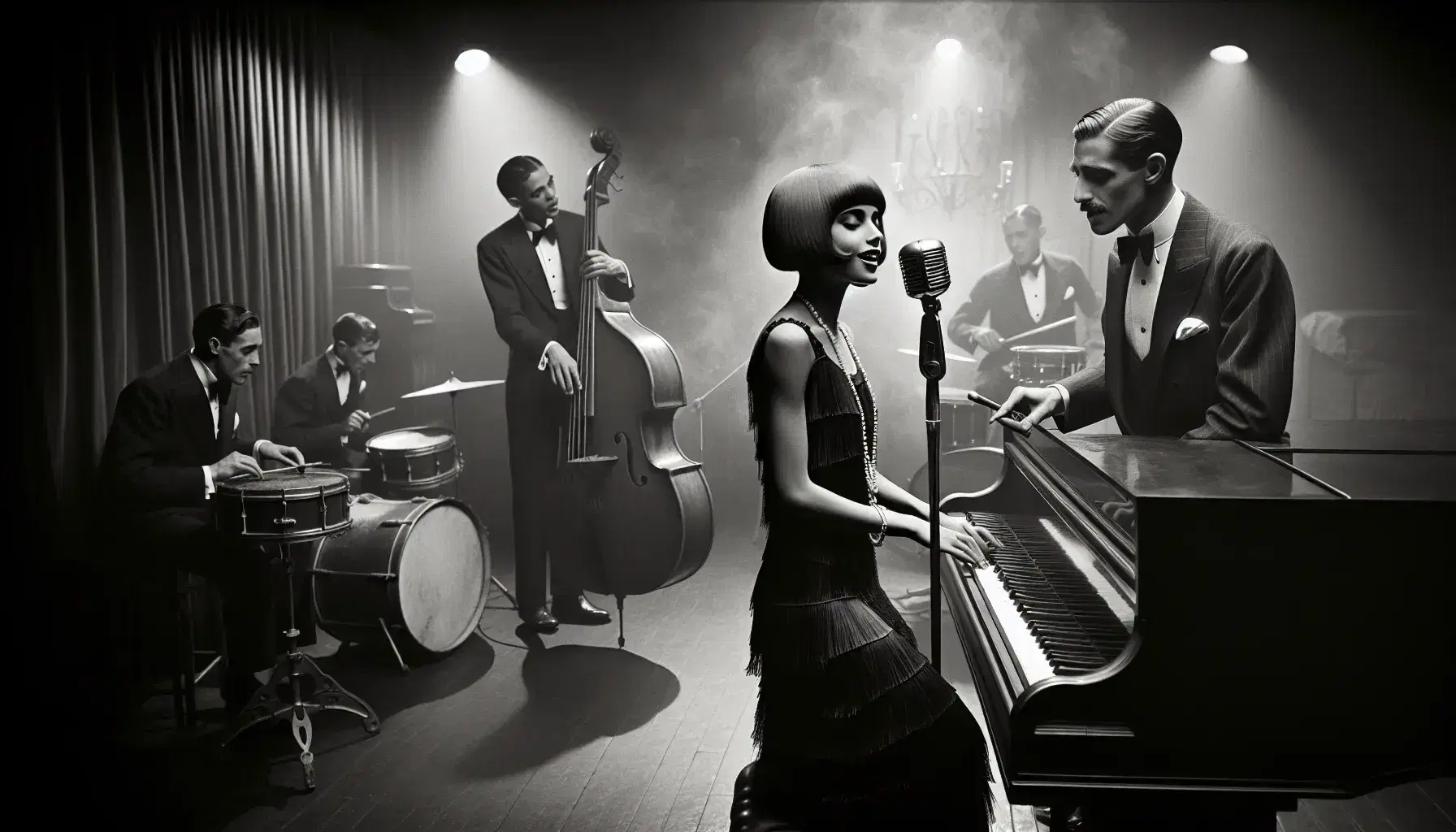 Jazz band performs in a Harlem Renaissance club, with a pianist in a suit, a flapper-style singer, a double bassist, saxophonist, and a drummer.