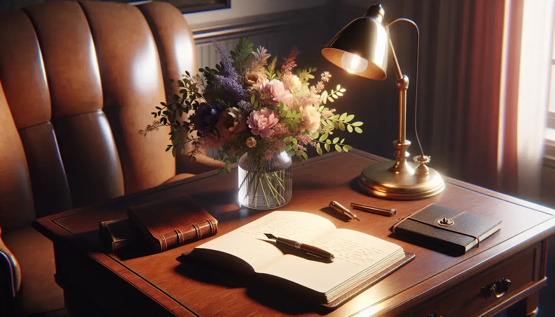 Cozy writing nook with polished wooden desk, vintage brass lamp, open leather journal, fountain pen, fresh flowers, and plush armchair.