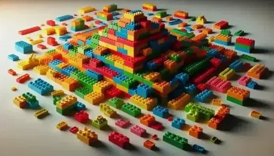 Mattoncini colorati in plastica sparsi su superficie piana con struttura piramidale incompleta al centro e mano pronta ad aggiungere un pezzo.