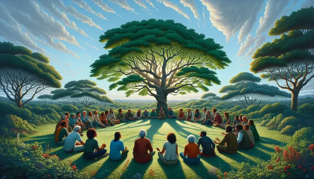 Gruppo multietnico seduto sull'erba in cerchio intorno ad albero rigoglioso, dialogando in un ambiente naturale sereno.