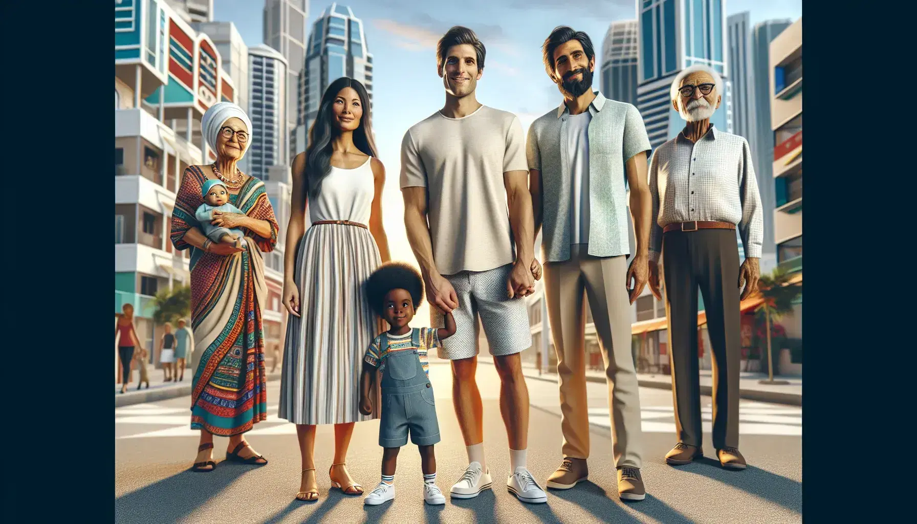 Multi-generational, diverse family smiling together in an urban setting, with clear skies and modern buildings in the background.