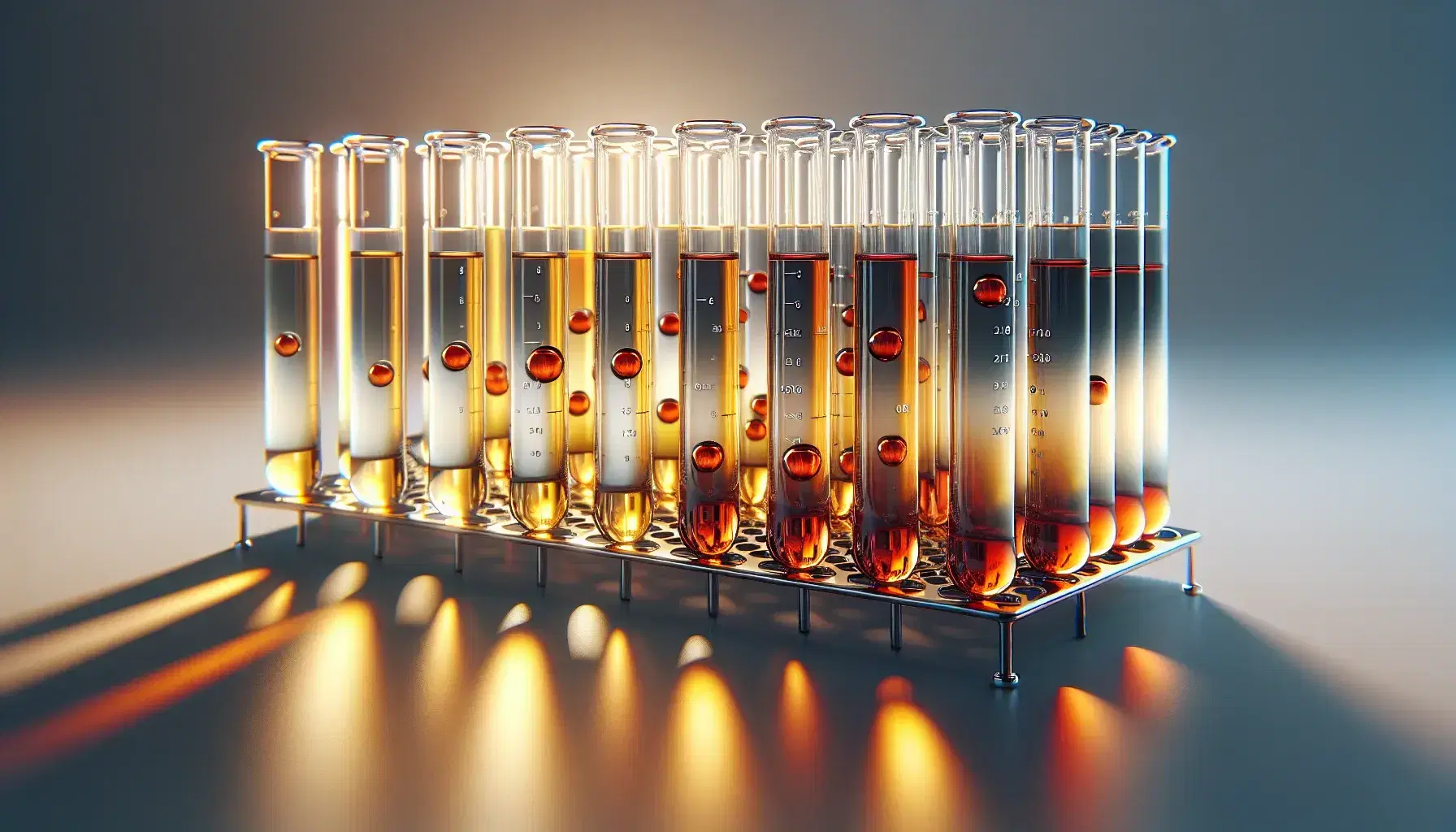 Tubos de ensayo de vidrio con líquidos en tonos amarillos a naranjas en un soporte metálico, reflejando luz en un laboratorio de análisis clínicos.