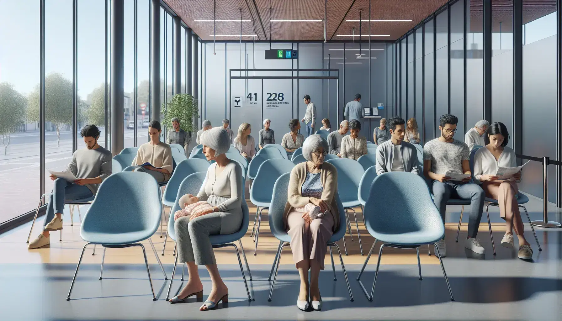 Modern Spanish social services waiting room with empty blue chairs in the foreground, diverse seated individuals, and large windows allowing natural light.