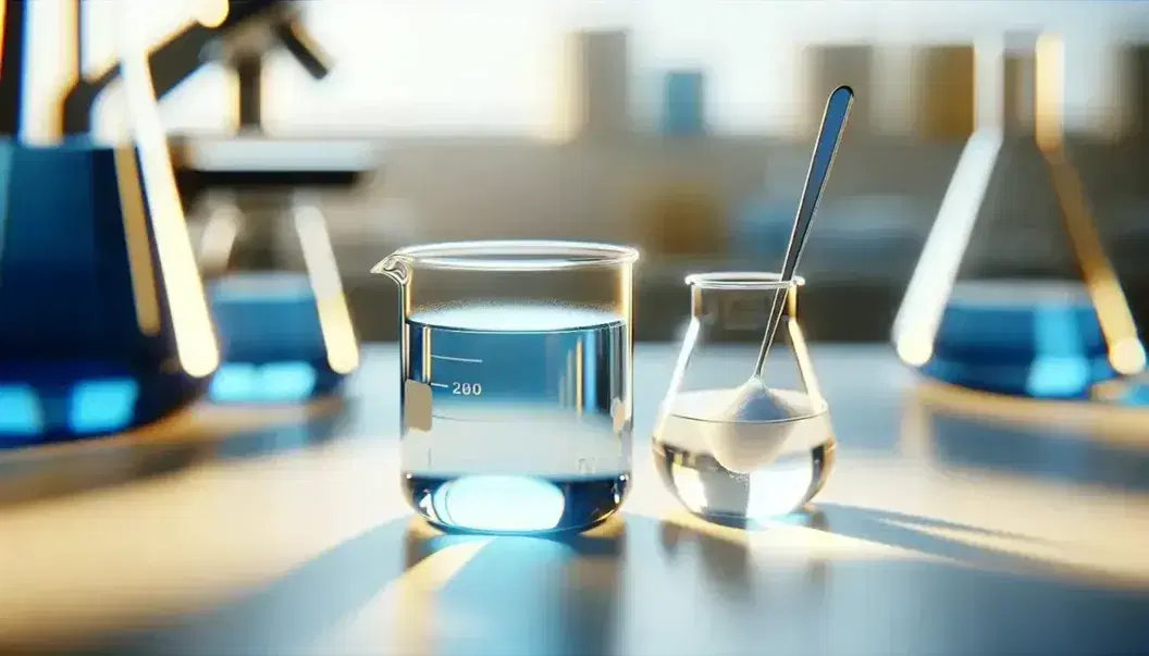 Close-up view of two glass beakers with blue and yellow liquids in a laboratory, one with a spatula and white powder beside it on a white surface.
