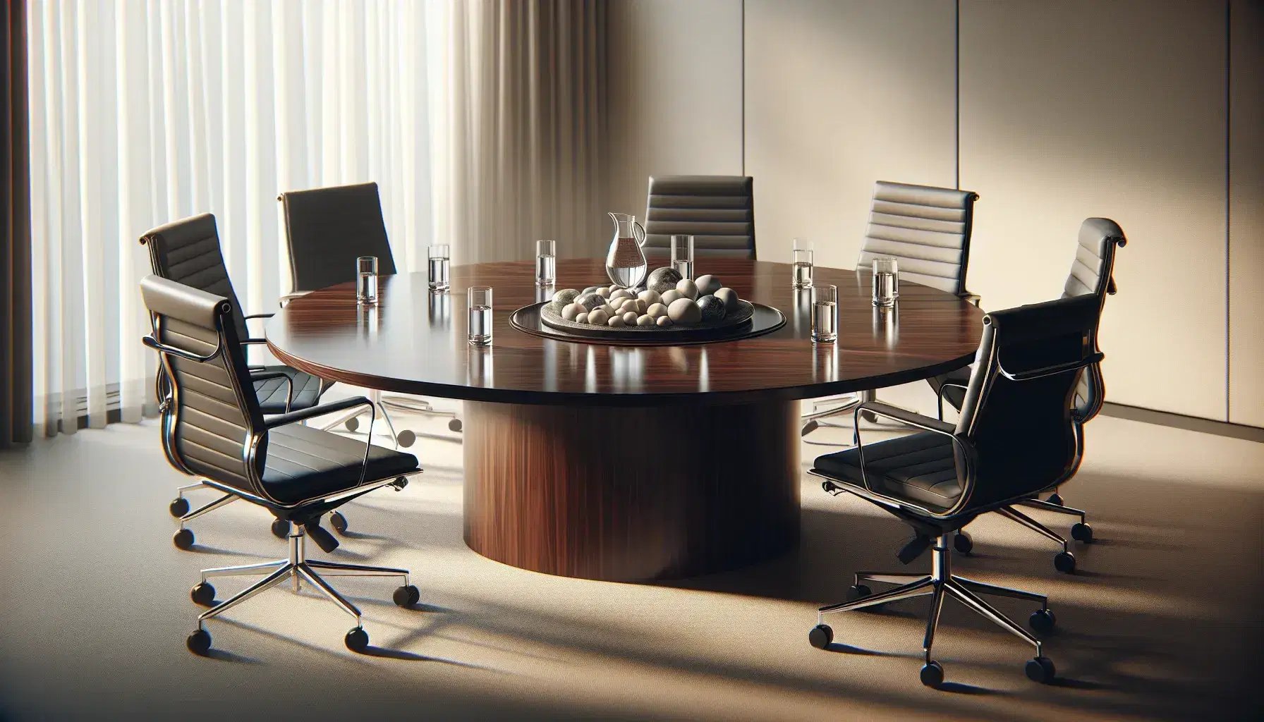 Polished mahogany round table with black leather chairs in a conference room, glass water pitcher and tumblers, and a dish of decorative stones on the table.