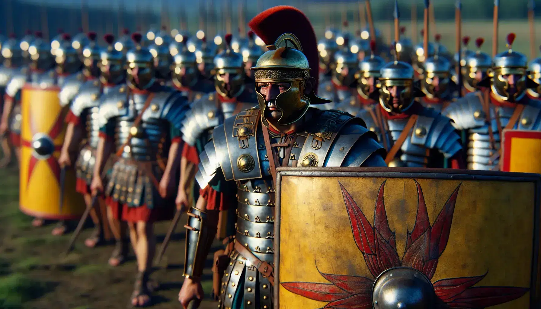 Legionario romano in marcia con elmo bronzeo, cresta rossa, lorica segmentata e scutum colorato, in formazione ordinata su terreno erboso.