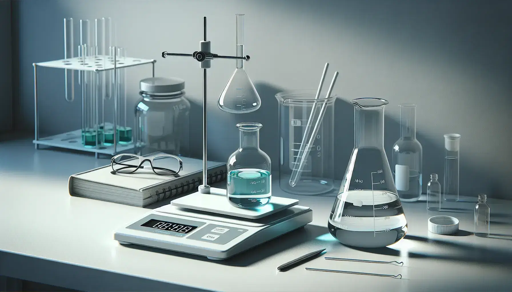 Glass beaker with blue liquid on digital scale in laboratory, stirring rod on right, safety glasses and notebook in background.