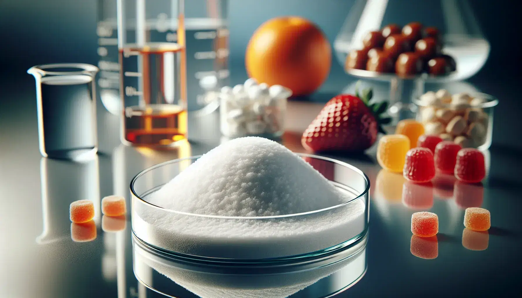 White crystalline substance in a Petri dish on reflective steel surface, with beaker, amber candies and fresh fruit on laboratory background.