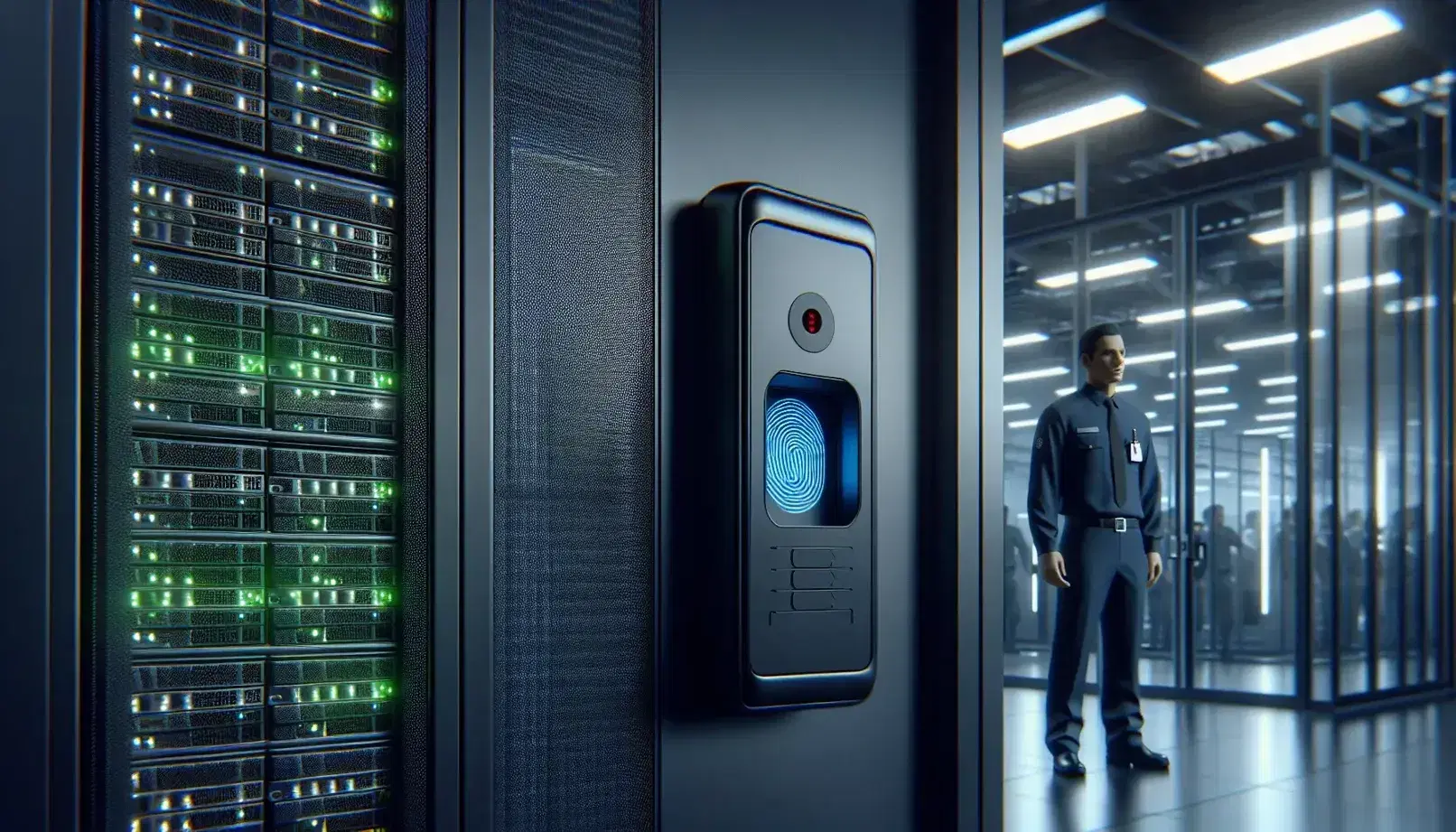 Modern data center with server rack illuminated by green and blue LEDs, active biometric scanner and anonymous security guard on glass background.