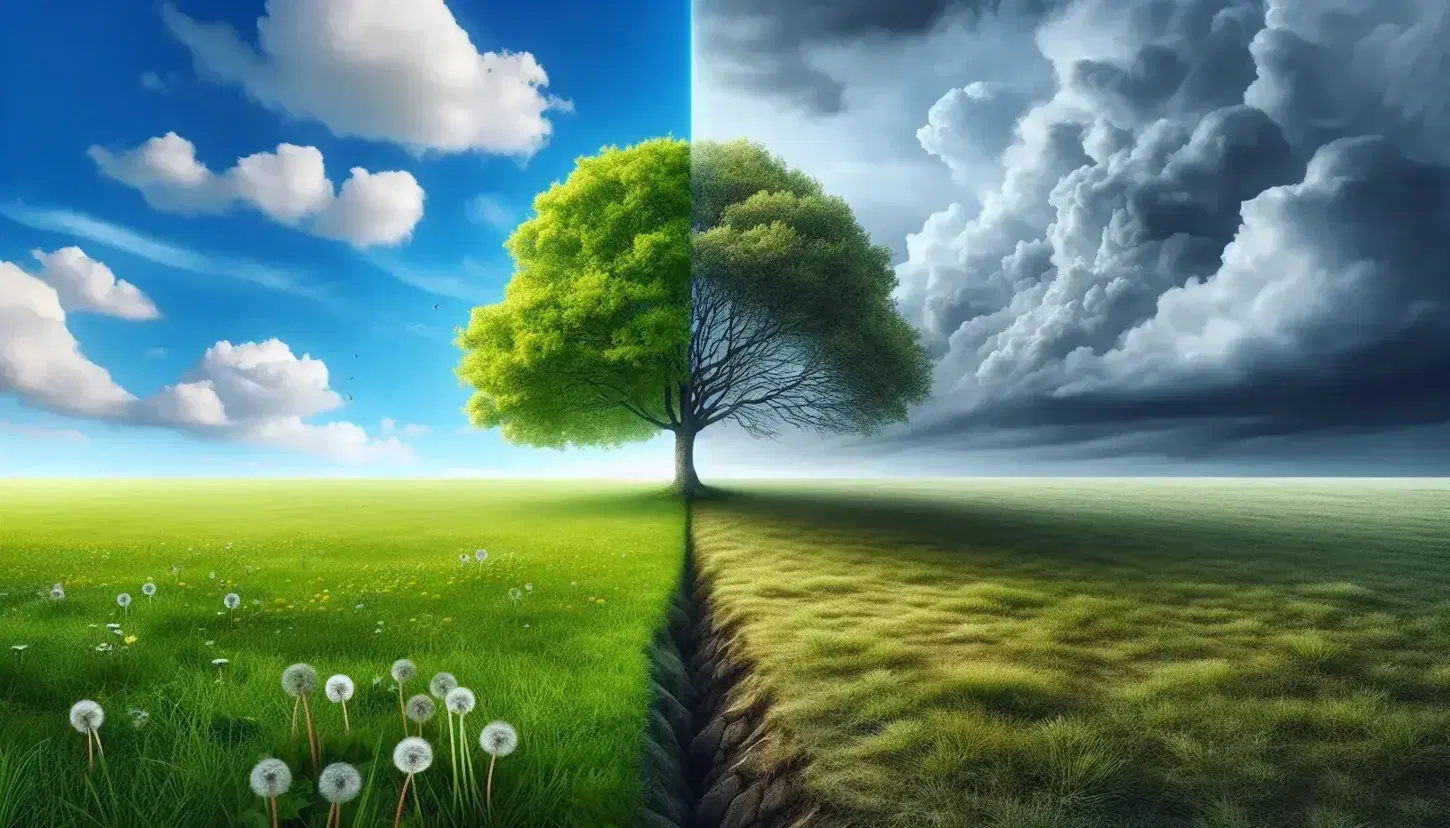 Contrasting landscape with green lawn and lush tree on the left and barren ground with cloudy sky on the right, human figure in the center.