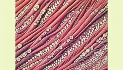 Vista microscópica de tejido muscular estriado con fibras paralelas mostrando bandas claras y oscuras y núcleos celulares periféricos.