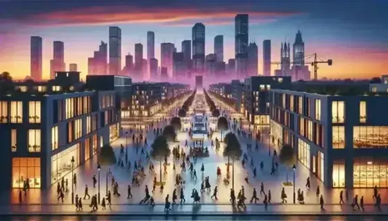 Urban view at dusk with people on cobbled street, modern architecture and skyline in silhouette on blue-orange gradient sky.