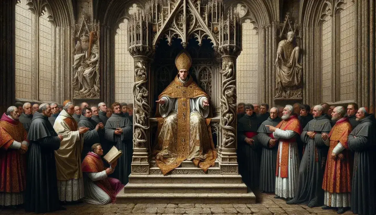 Scena medievale con figura papale su trono gotico, gruppi di nobili e chierici in dialogo, oggetti simbolici in primo piano, luce da finestra gotica.