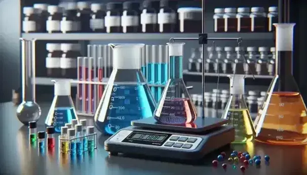 Laboratorio con frascos Erlenmeyer con líquidos azul, rojo y amarillo, balanza digital, probetas y estante metálico con frascos de reactivos.