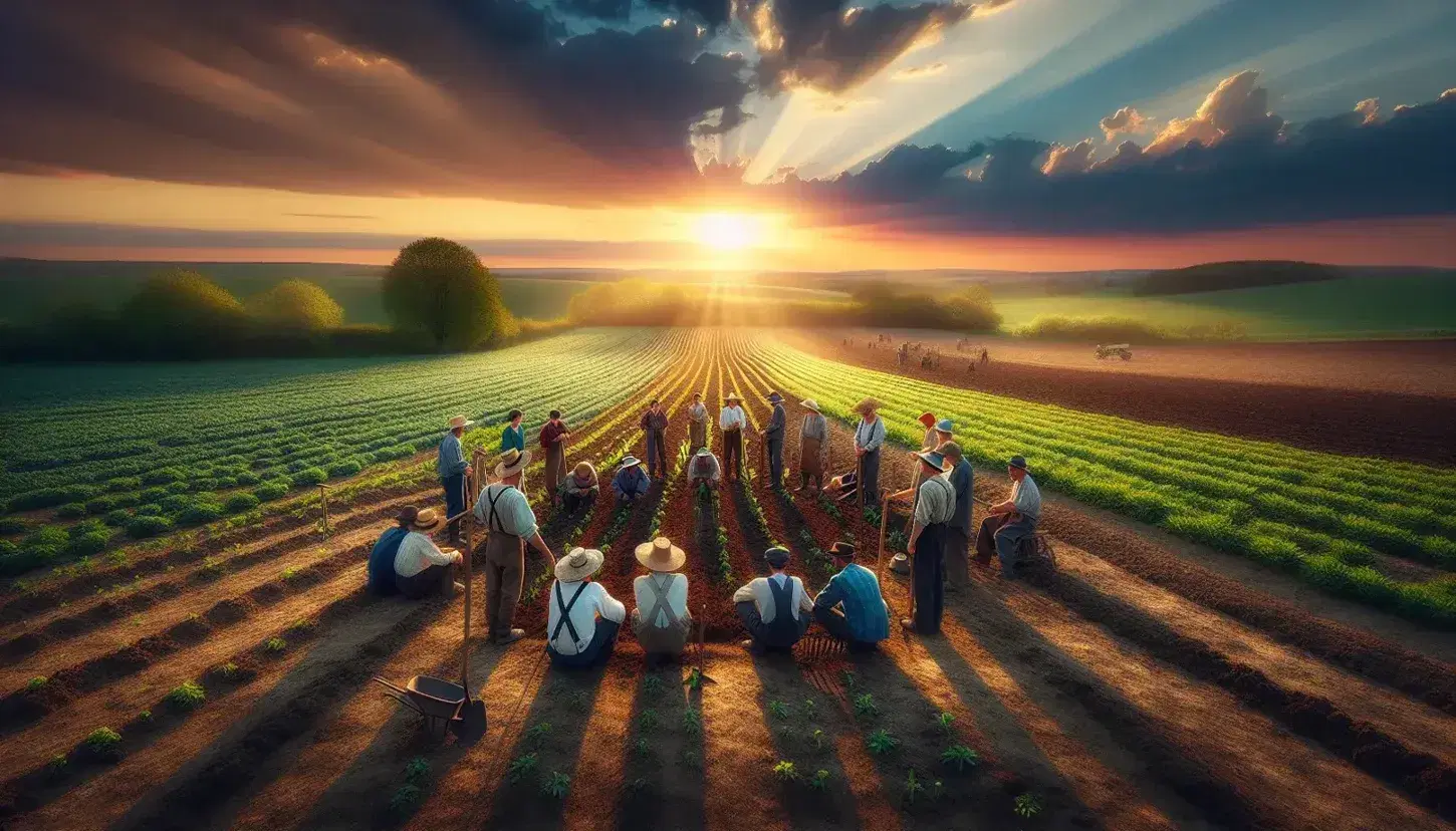 Campo agrícola al atardecer con agricultores discutiendo en primer plano, vestidos con ropa de trabajo y herramientas, bajo un cielo degradado naranja y morado.