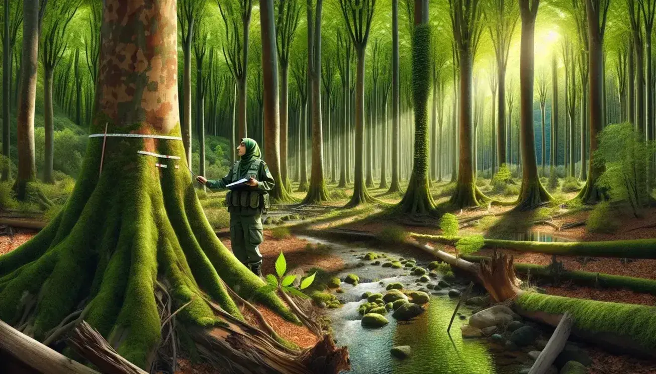 Dense forest landscape with lush green trees, a Middle-Eastern female ranger inspecting a tree, and a clear stream flowing through the woodland floor.