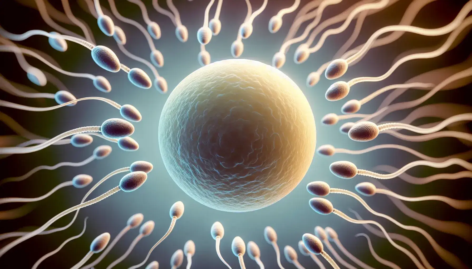 Close-up view of a human ovum surrounded by multiple sperm cells with a soft-focus gradient background in warm and cool tones.