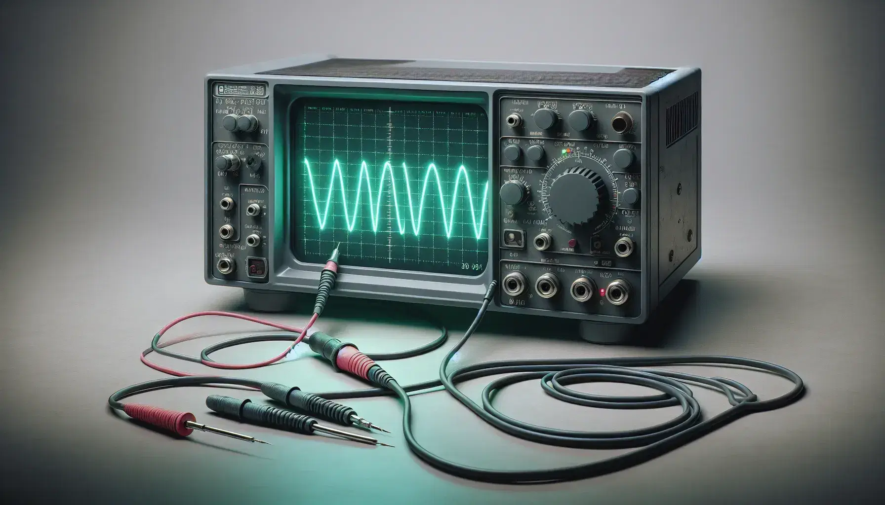 Osciloscopio moderno mostrando onda sinusoidal verde en pantalla azul, con botones y diales en la base y sondas de prueba a la derecha.