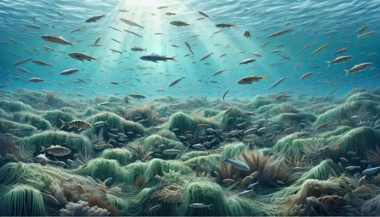 Paesaggio marino antico dell'Era Primaria con biodiversità, alghe verdi sul fondale e pesci variopinti tra sfumature di blu acquatico.