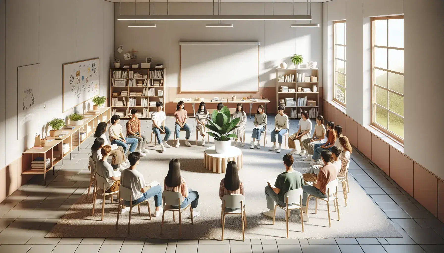Estudiantes de diversas edades sentados en círculo en un aula iluminada, con una planta en el centro, escuchando y participando activamente en una discusión.