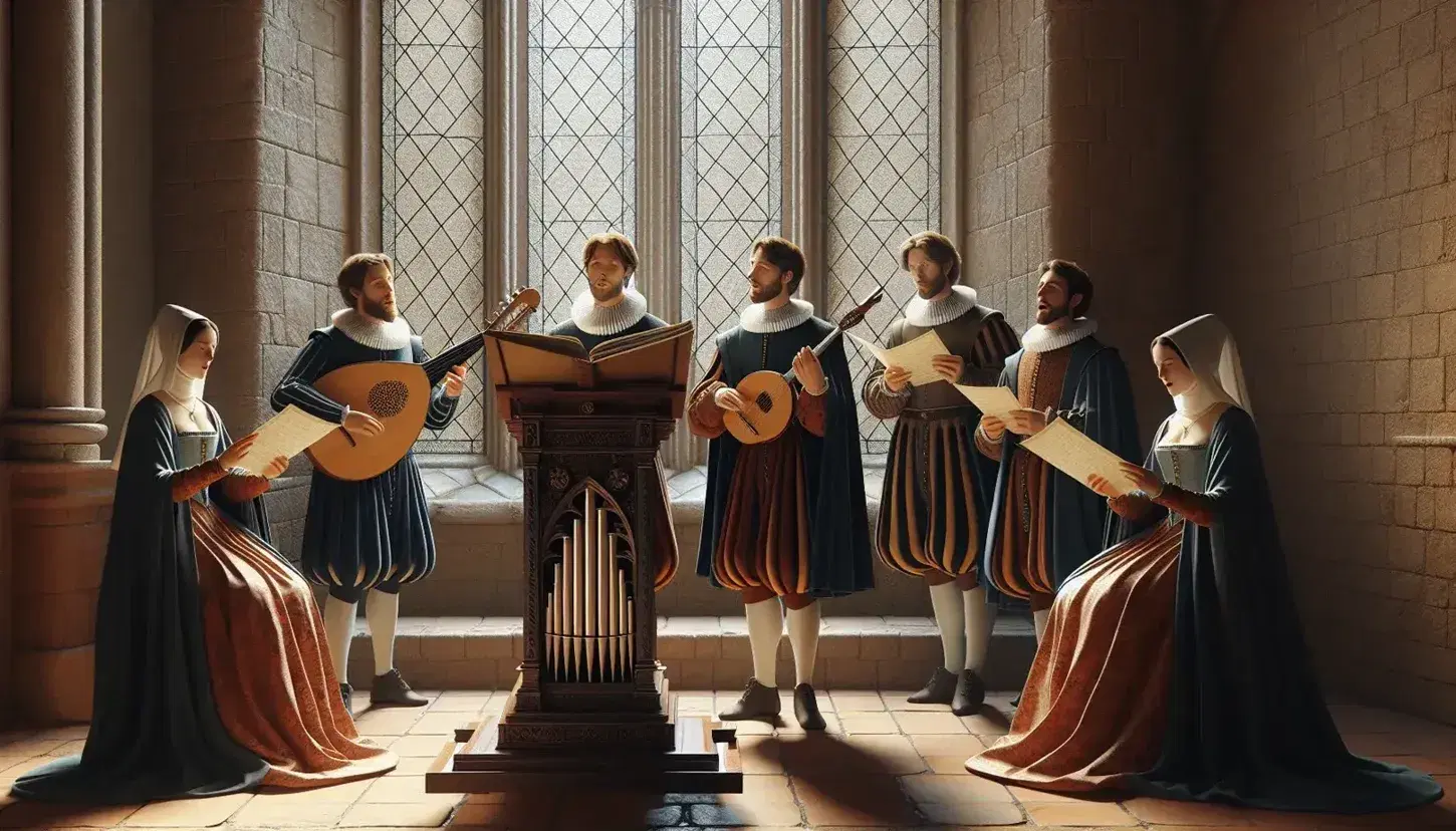 Grupo de cinco personas en vestimenta renacentista, tocando instrumentos y cantando en una habitación iluminada por la luz natural de un ventanal.