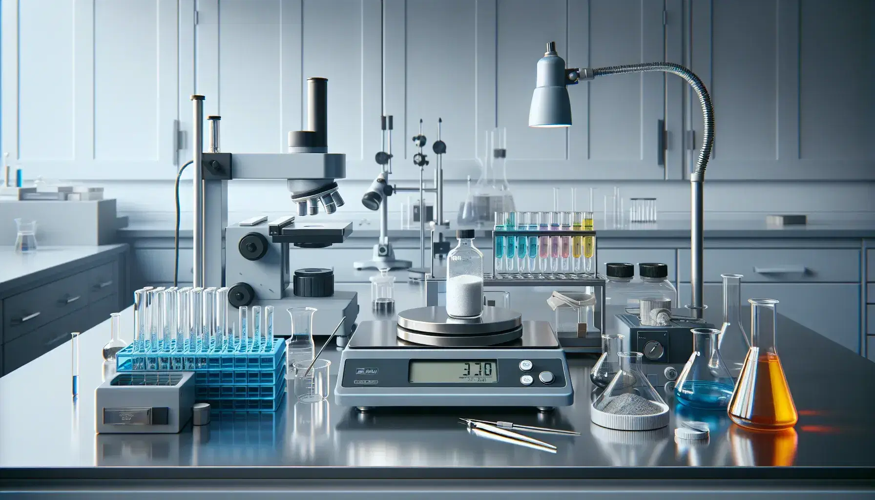 Laboratorio scientifico moderno con bilancia analitica digitale, provette colorate, microscopio elettronico e agitatore magnetico.