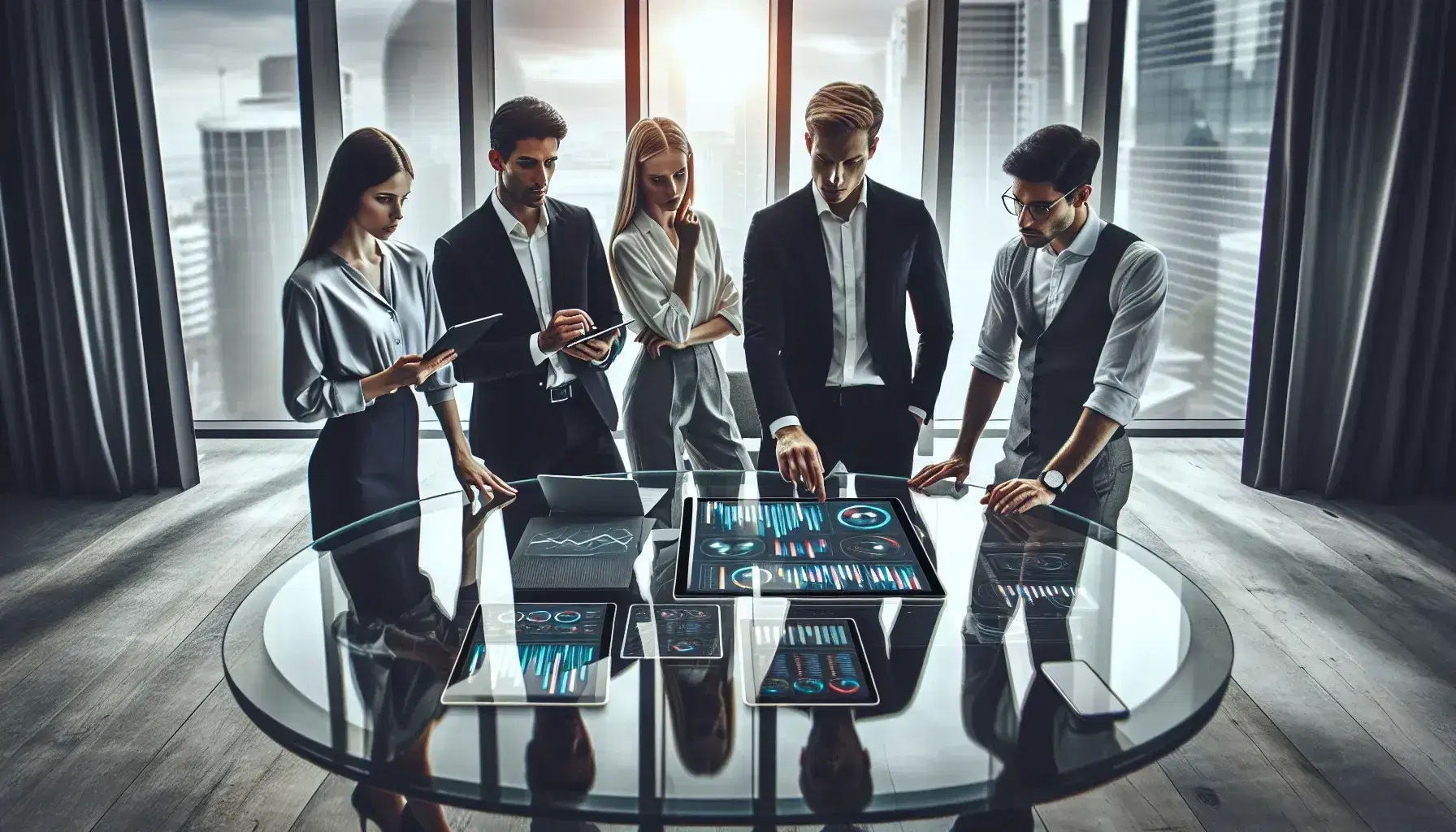 Grupo de cinco profesionales en reunión de trabajo en oficina moderna con mesa de vidrio y dispositivos electrónicos, discutiendo gráficos en pantalla de portátil.
