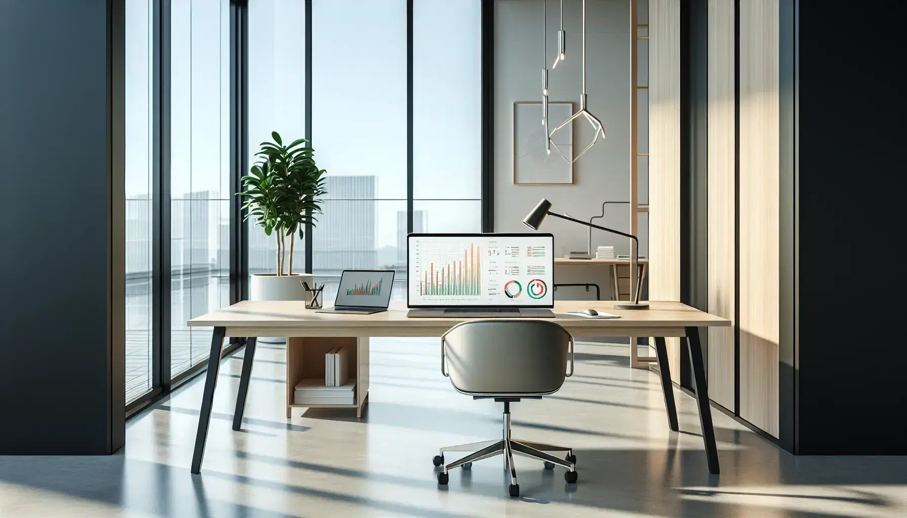 Oficina moderna minimalista con escritorio de madera, portátil mostrando gráficos, silla ergonómica negra y planta interior, bajo luz natural de ventana grande.