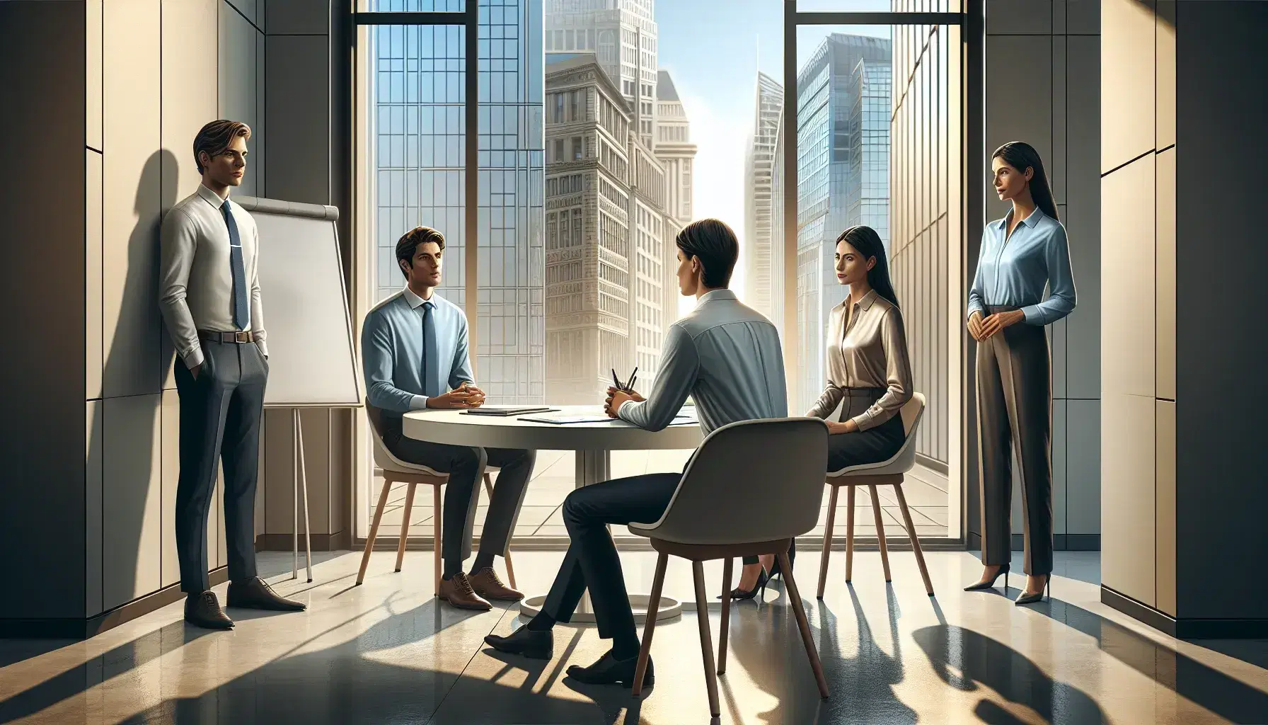 Grupo de cinco profesionales en reunión de trabajo en oficina iluminada con luz natural, con uno presentando y otros atentos a la discusión, junto a ventana con vista urbana.