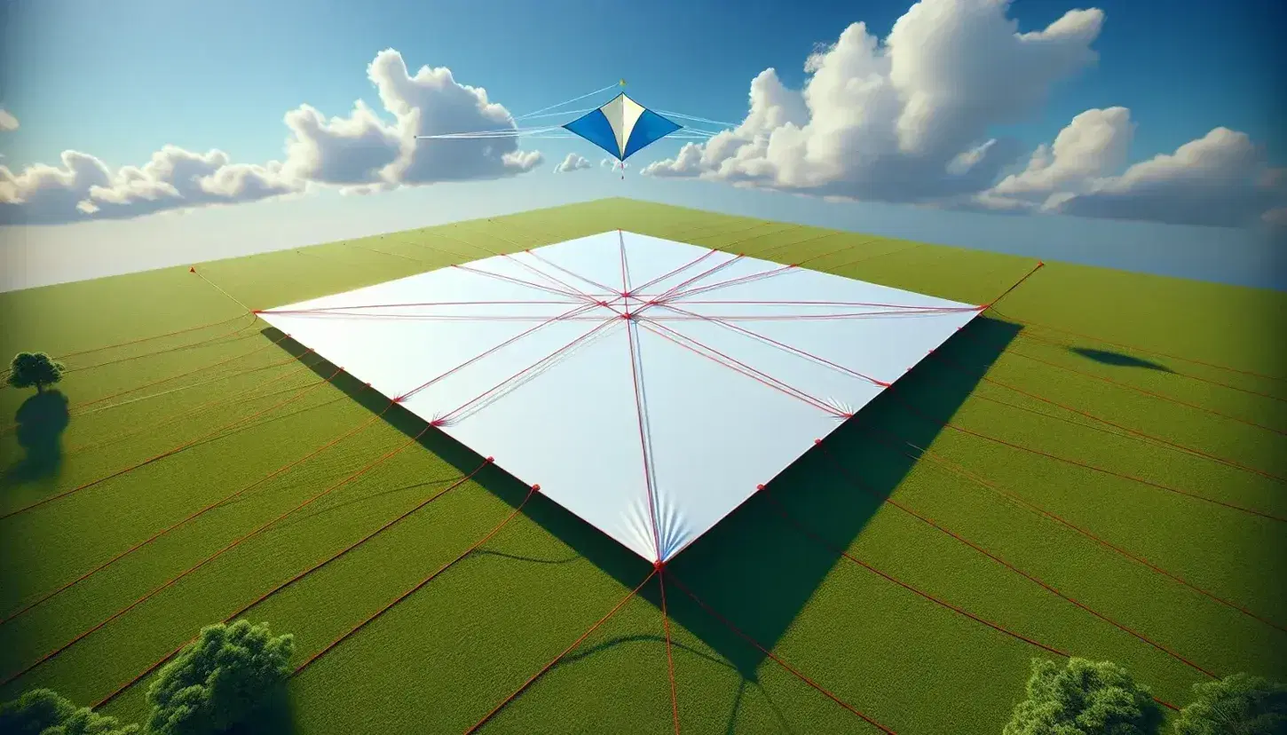 Aquilone a forma di triangolo isoscele vola sopra un quadrato di tessuto bianco con corde rosse su prato verde, cielo azzurro con nuvole sparse.