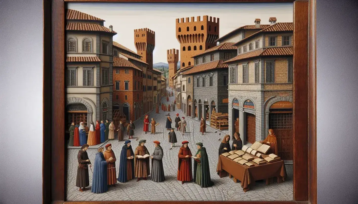 Scena medievale di vita quotidiana a Firenze con persone in abiti d'epoca, edifici storici, bancarella di libri e uomo che legge.