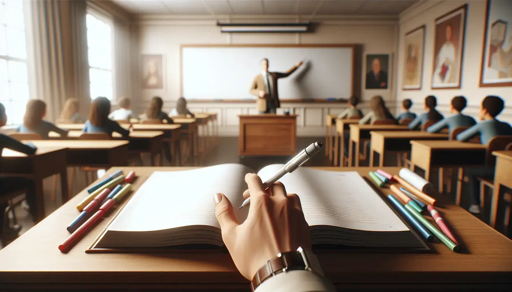 Teacher pointing to a blank whiteboard with a marker in hand, ready to write, with an open textbook and colorful markers on the desk, students in the background.