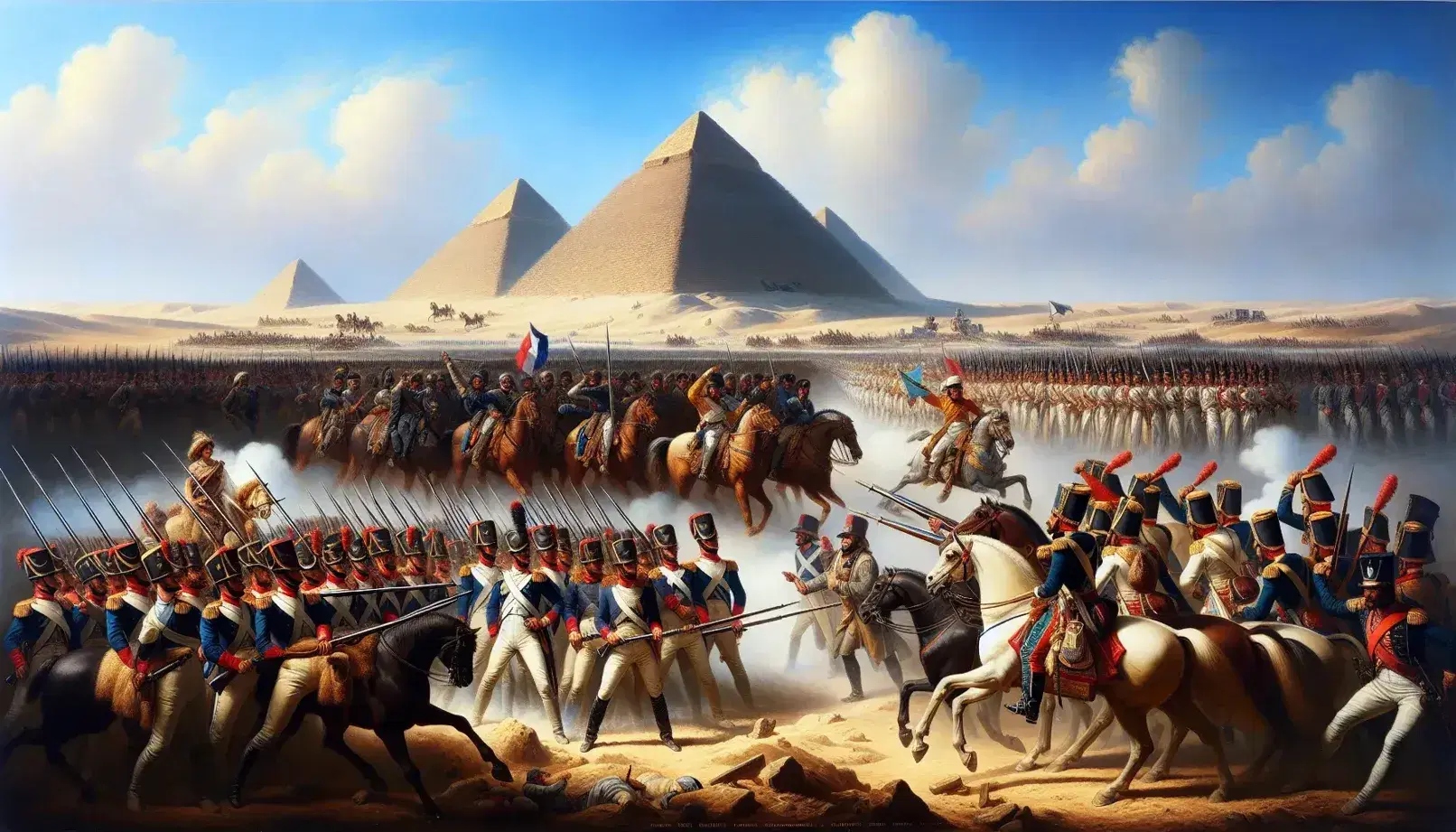 Dipinto storico della Battaglia delle Piramidi, con soldati francesi in formazione e Mamelucchi a cavallo, sullo sfondo le Piramidi di Giza.