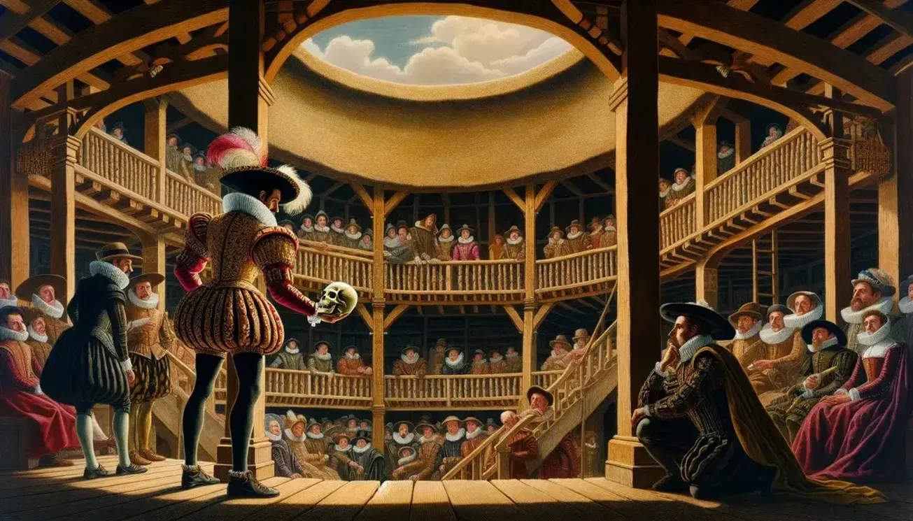 Attore in costume elisabettiano con teschio sul palco del Globe Theatre, pubblico in ombra e luce naturale dall'apertura del tetto.