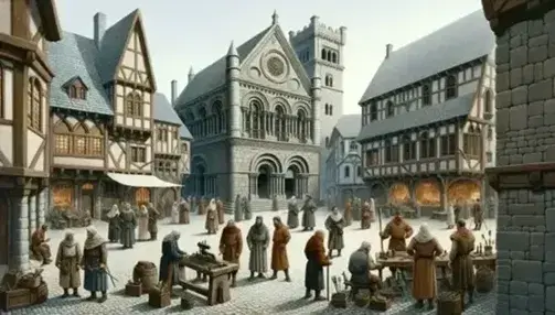 Piazza medievale con municipio, torre, cittadini in assemblea e artigiani al lavoro, sotto un cielo sereno.