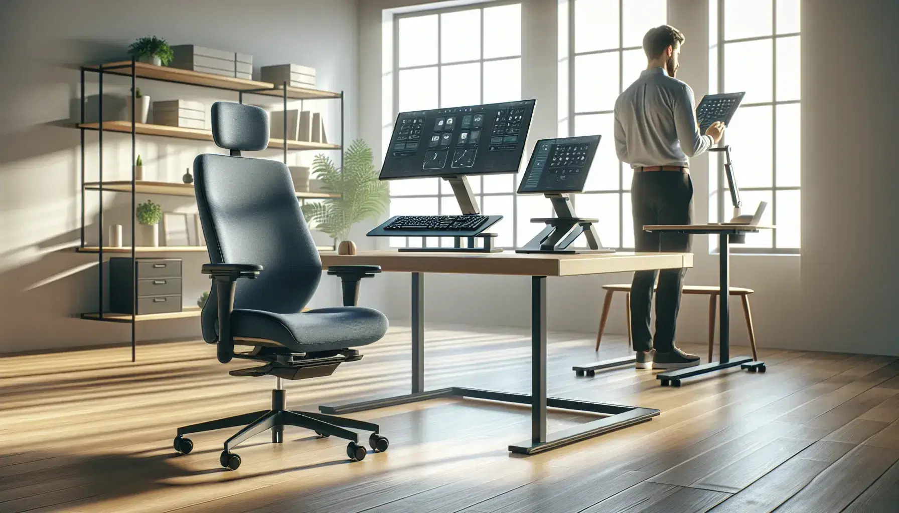 Oficina moderna y luminosa con silla ergonómica azul, escritorio de madera, monitor elevado, teclado y ratón ergonómico, y persona de pie en escritorio ajustable.